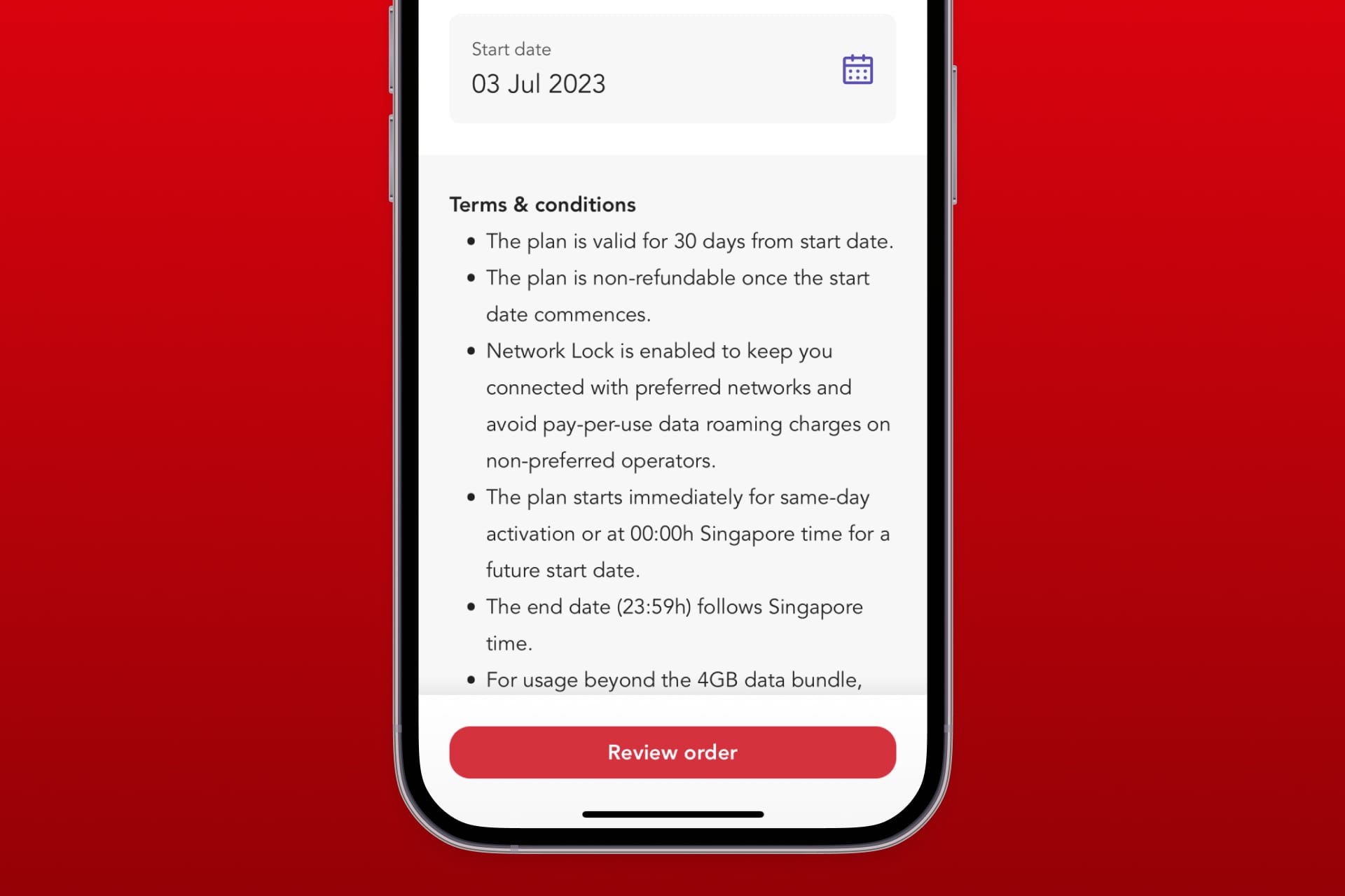 Activate ReadyRoam plan Step 5: Scroll down to select the start date, followed by 'Review order'